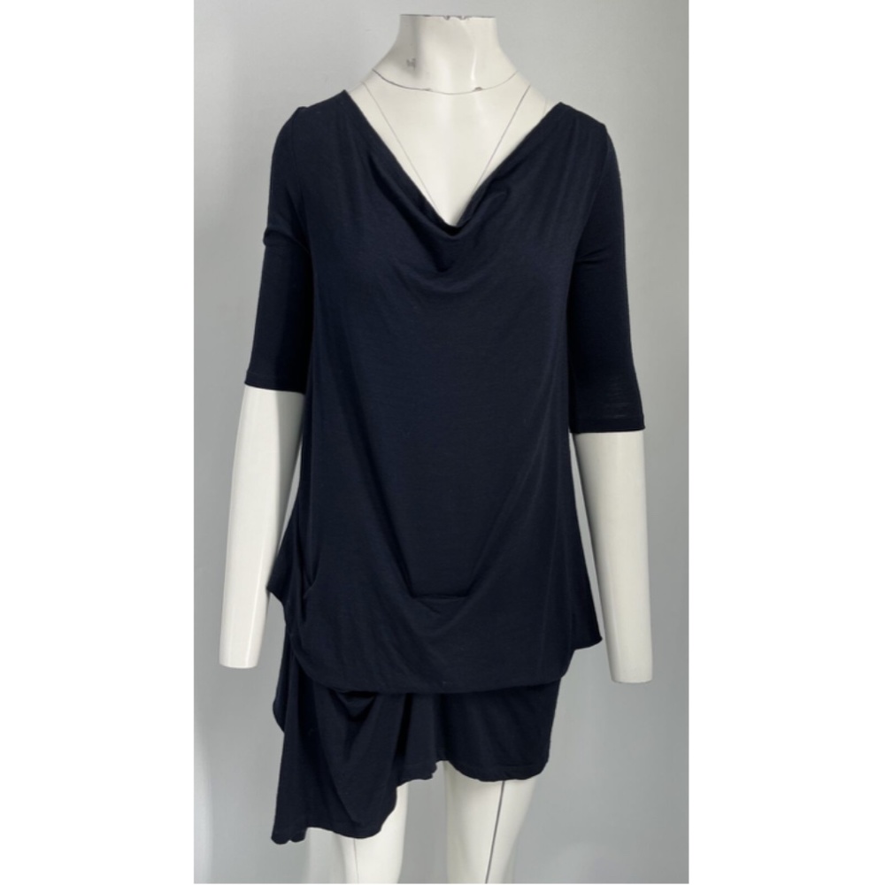 Morgan Le Fay Navy 3/4 Sleeve Draped Asymmetric Mini Dress sz XS